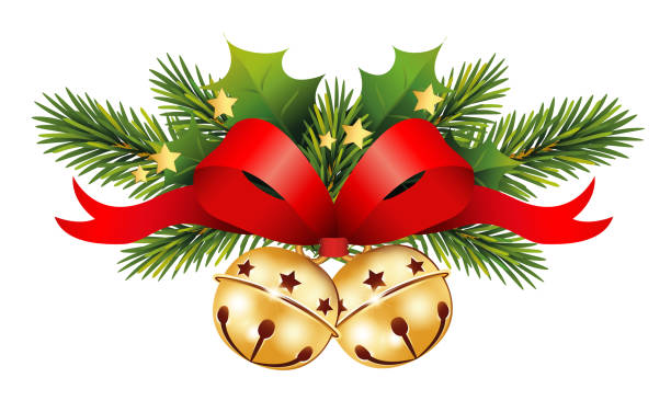 크리스마스 카드와 전나무, 종, 감 분기, 붉은 활과 골드 스타, 크리스마스 배너 벡터 일러스트 레이 션 흰색 배경에 고립 - bell jingle christmas music stock illustrations
