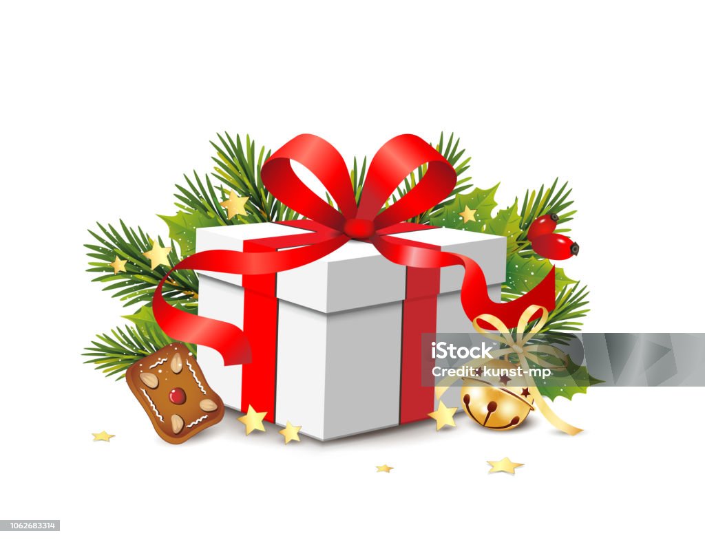 Christmas gift box with gingerbread, fir branches, Jingle bell, Ribbon bow and gold stars, Vector illustration isolated on white background Christmas gift box with gingerbread, fir branches, Jingle bell, Ribbon bow and gold stars,
Vector illustration isolated on white background Advent stock vector