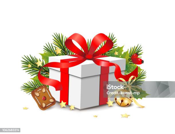 Christmas Gift Box With Gingerbread Fir Branches Jingle Bell Ribbon Bow And Gold Stars Vector Illustration Isolated On White Background Stock Illustration - Download Image Now