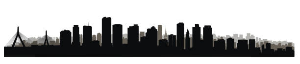 波士頓市中心城市天際線。美國摩天大樓城市景觀 - boston 幅插畫檔、美工圖案、卡通及圖標
