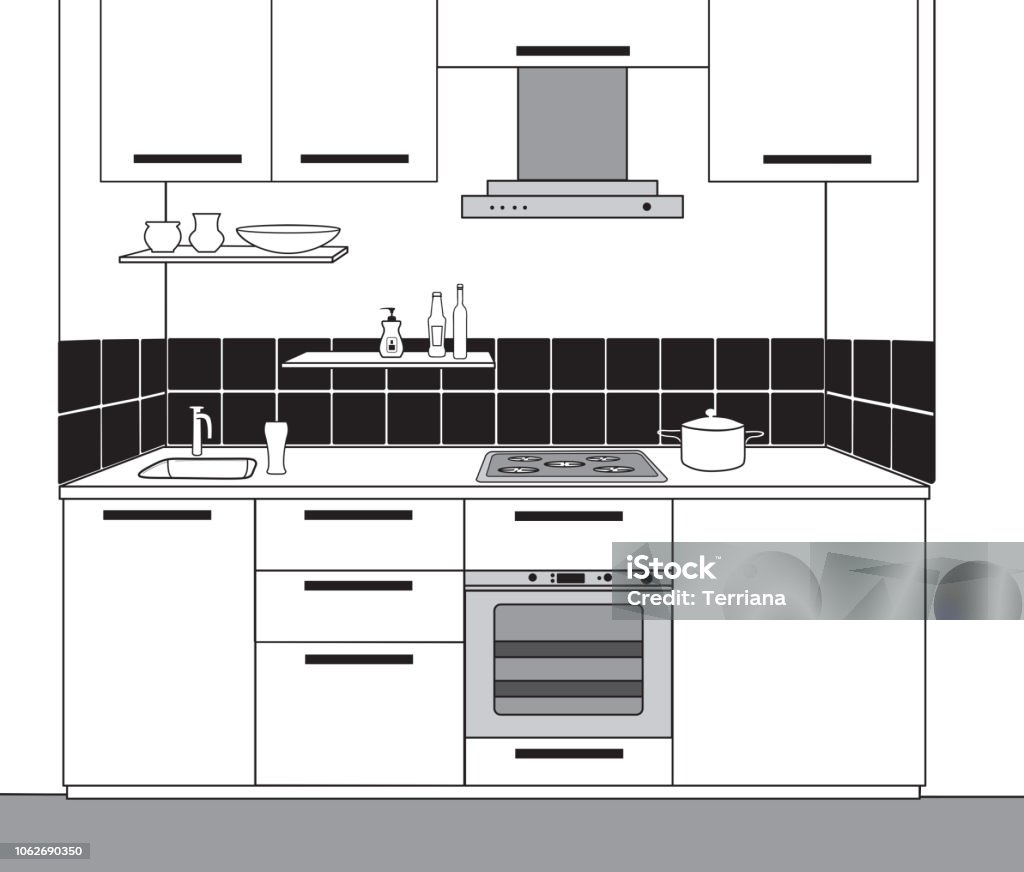 Interior sketch of kitchen room. Outline blueprint design of kitchen Interior sketch of kitchen room. Outline blueprint design of kitchen with modern furniture Kitchen stock vector