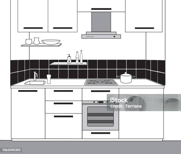Interior Sketch Of Kitchen Room Outline Blueprint Design Of Kitchen Stock Illustration - Download Image Now