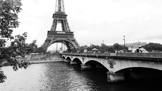 View of the Eiffel Tower in Paris, black and white photo