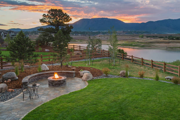 Amazing Backyard with Fire Pit stock photo