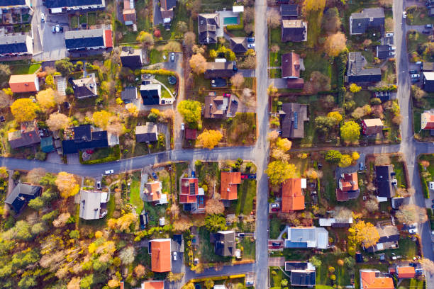 istock Top view, flying over villa area 1062696444