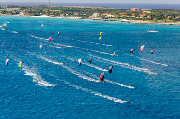 Aruba Island. Caribbean Sea. Aerial view of Malmok Beach on the island of Aruba. Place where Kitesurf and Windsurf are practiced. windsurfing stock pictures, royalty-free photos & images