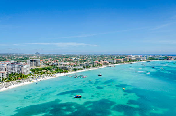 Aruba Island. Caribbean Sea. Aerial view of the beach Palm Beach on the island of Aruba. Place where most of the large hotels are located. leeward dutch antilles stock pictures, royalty-free photos & images