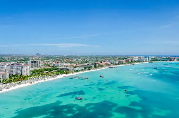 Aerial view of the beach Palm Beach on the island of Aruba. Place where most of the large hotels are located.