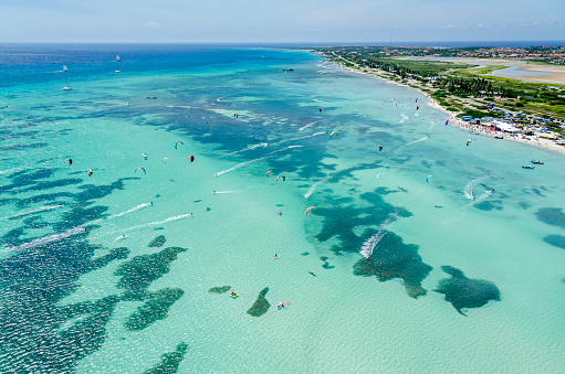 Aerial view of Malmok Beach on the island of Aruba. Place where Kitesurf and Windsurf are practiced.