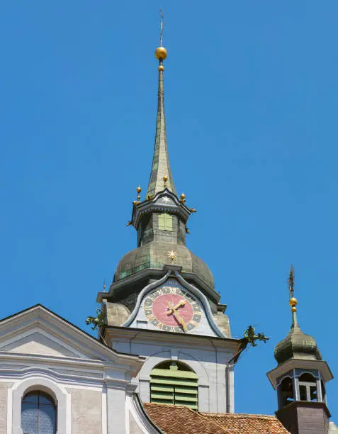 Upper part of the building of the St. Martin Church in the town of Schwyz, Switzerland.