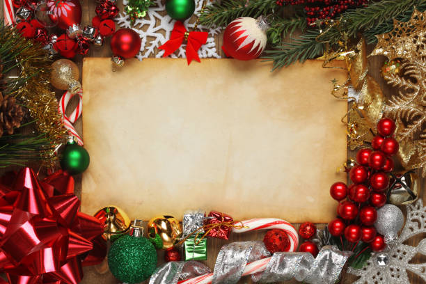 istock Blank paper surrounded by Christmas ornaments, decorations, and tree branches 1062712496