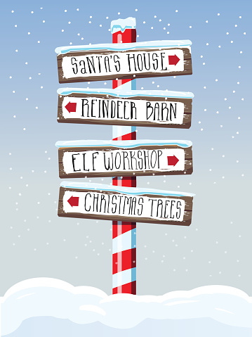 Vector illustration of a Christmas themed wooden winter directional sign with handwriting or hand lettered text. Santa's House, Reindeer Barn, Elf Workshop and Christmas Trees. Easy to edit with layers.