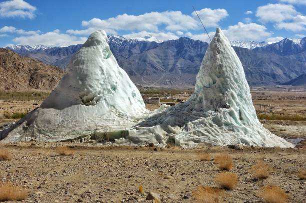 Ice Stupas of Phyang The man made Ice Stupas of Phyang in Ladakh, India. An initiative to provide Water in the Trans Himalayan Desert by using nature itself. stupa stock pictures, royalty-free photos & images