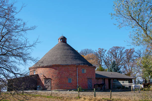 Clay tile round barn on farm. Bowman Round Barn, 28103 640th Street, Nevada, Iowa, USA. National Register of Historic Places. Built about 1880.