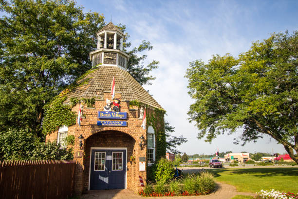 Holland, Michigan, USA - September 18, 2018: Entrance to the Dutch Village Gardens in Holland. The village features a recreation of a Dutch Village with gardens, carnival rides, souvenir shops and restaurant.