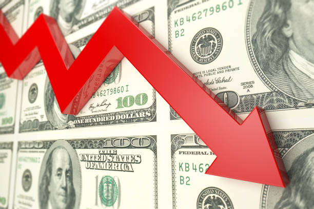 Red arrow And dollar finance decline graph- Stock image Red arrow And dollar finance decline graph. (Red arrow shows dollar's decline index ) Finance chart, dollar, and red arrow concept. loss stock pictures, royalty-free photos & images
