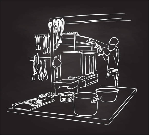Cleaning The Oven Kitchen Chalkboard illustration of a restaurant kitchen and an employee working in the background kitchen silhouettes stock illustrations