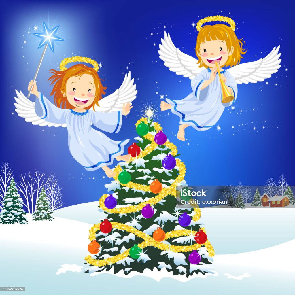 Angel & Christmas Tree Two angels flying around the Christmas tree. Fairy Costume stock vector