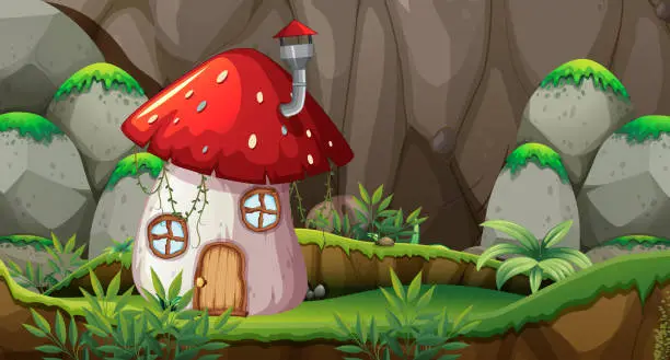 Vector illustration of Mushroom house in nature