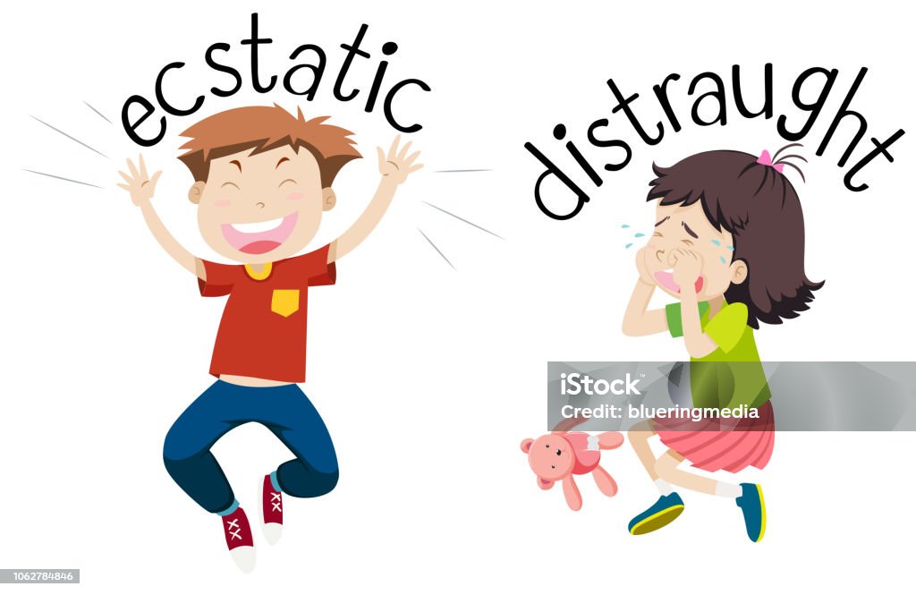 ภาษาอังกฤษตรงข้ามคําของ ecstatic และ distraught - ไม่มีค่าลิขสิทธิ์ การศึกษา - หัวข้อ เวกเตอร์สต็อก