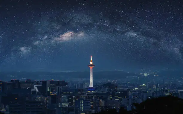 Photo of Kyoto city view at night with Kyoto tower and starry sky with milky way