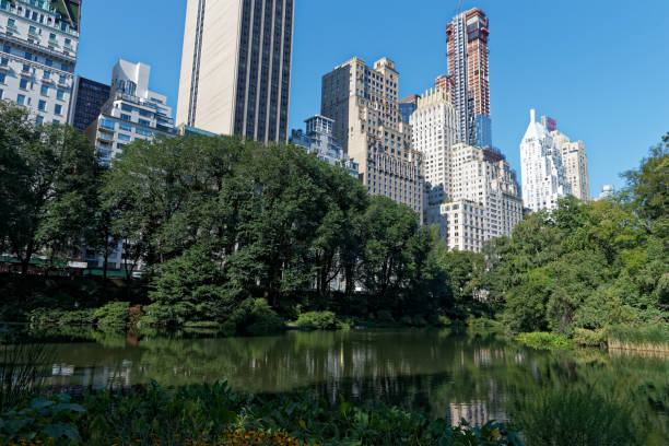 Central Park in NYC Central Park in late summer.
The landmark The pond with high buildings. new york marathon photos stock pictures, royalty-free photos & images