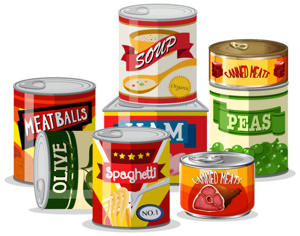 illustrazioni stock, clip art, cartoni animati e icone di tendenza di set di cibo di stagno - canned food