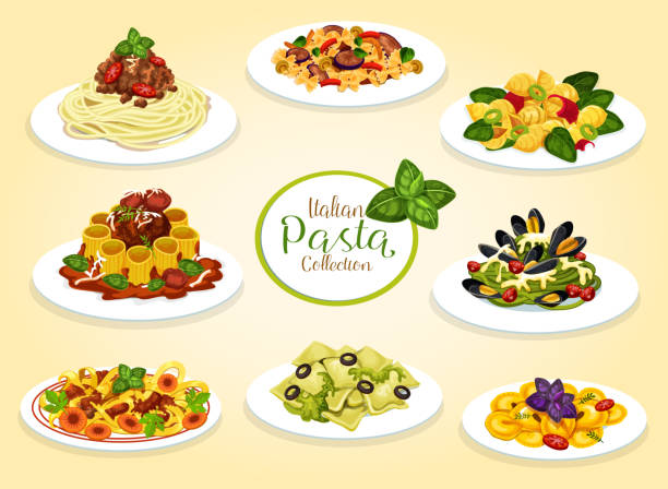 Italian cuisine pasta dishes, vector Italian pasta dishes with meat, seafood, cheese and vegetables. Vector spaghetti, macaroni and penne with tomato bolognese sauce, meatballs and pesto, lasagna, alfredo and pasta carbonara penne meatballs stock illustrations