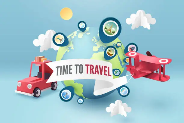 Vector illustration of Time to travel, Paper art of red airplane fly around the world and pinned landmarks