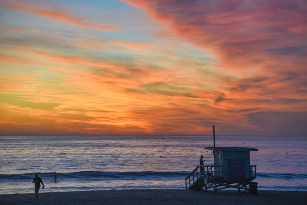 istock Lifeguard tower and pier on beach at sunset 1062807006
