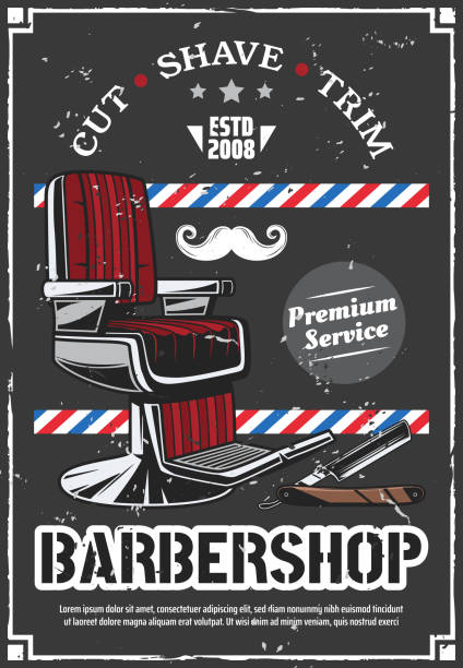 Barbershop chair and shave razor retro poster Barbershop salon premium retro poster grunge design. Vector barber chair with shave razor, mustaches and quality stars for haircut and beard trimming barber shop hair posters for salon stock illustrations