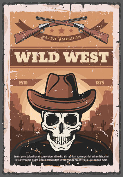 illustrazioni stock, clip art, cartoni animati e icone di tendenza di wild west americano, teschio e fucili - rifle gun old wild west