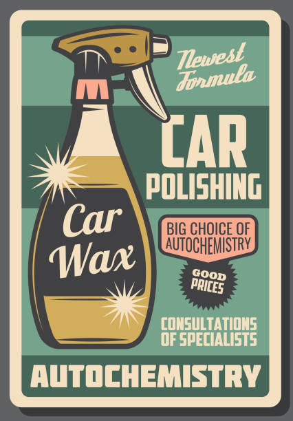 Car auto chemistry vehicle cleaning service poster Car cleaning and polishing chemistry retro advertisement poster for service or chemical cleaners shop. Vector design of car wax spray bottle for auto vehicle maintenance and varnish restoration pimp stock illustrations
