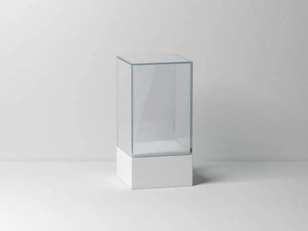 Photo of Glass box Mockup with white podium for product presentation