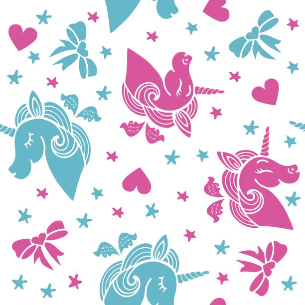ÐеÑаÑÑ Unicorns love seamless pattern with pink and blue flying unicorns, heart, ribbons and stars. Vector. pony wings stock illustrations