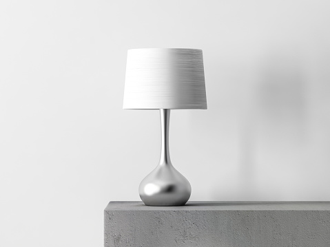 Stylish table lamp in white room, 3d rendering
