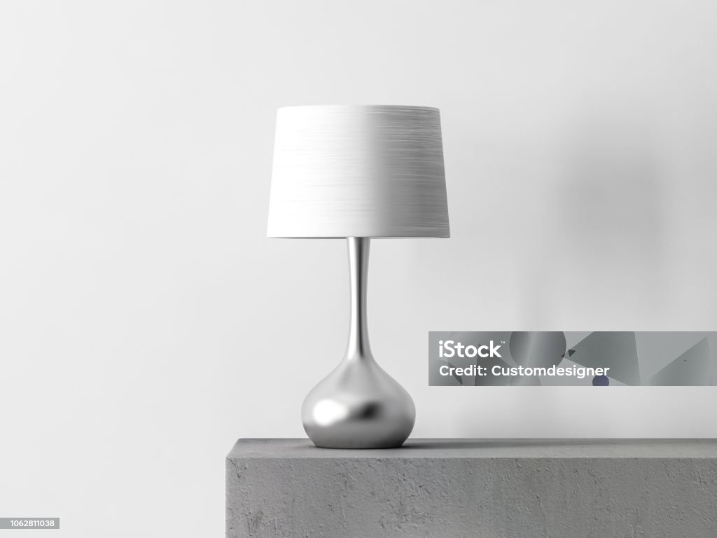 Stylish table lamp in white room Stylish table lamp in white room, 3d rendering Electric Lamp Stock Photo