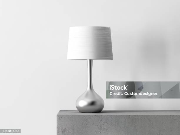 Stylish Table Lamp In White Room Stock Photo - Download Image Now - Electric Lamp, Table, Lamp Shade