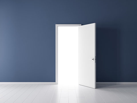 Open white door in empty room with dark blue wall, 3d rendering