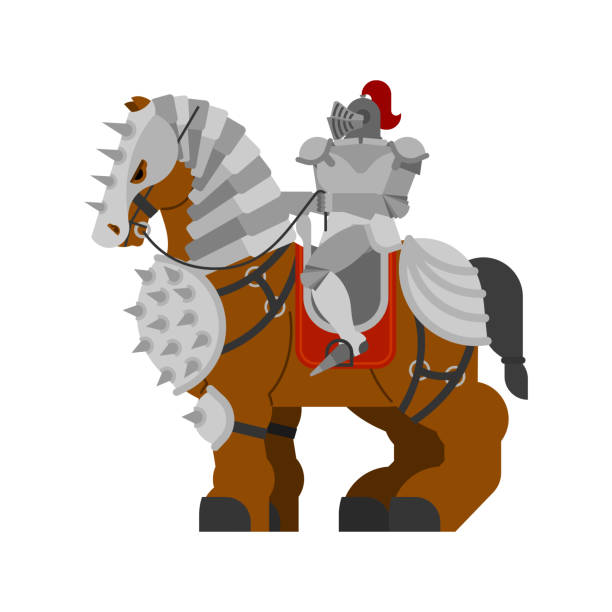 istock Knight on horse. Clydesdale Strong heavy steed. Cartoon animal vector 1062817464