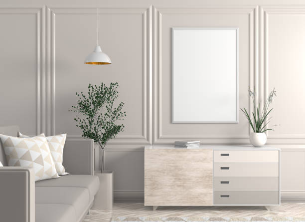 istock Mock up poster frame in Scandinavian style hipster interior. 3D illustration 1062819432