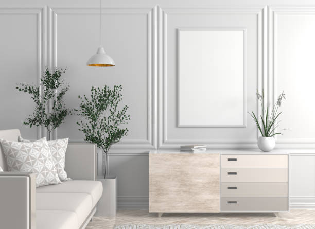 istock Mock up poster frame in Scandinavian style hipster interior. 3D illustration 1062819574