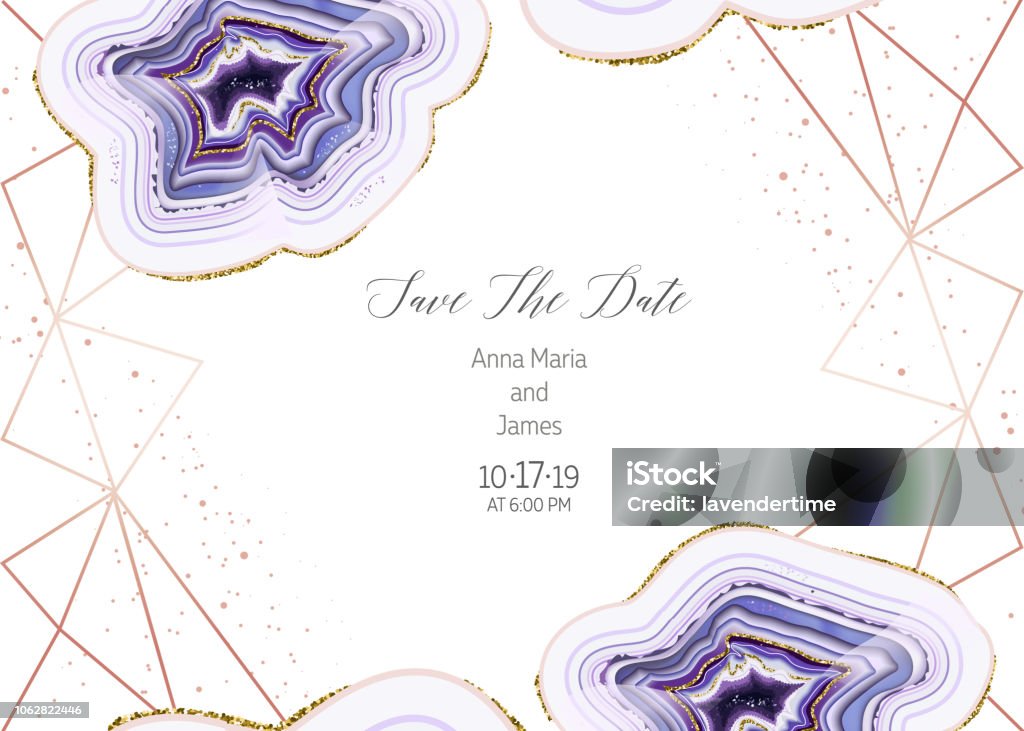 Amethyst crystal geode purple horizontal vector frame. Amethyst crystal geode purple horizontal vector frame.Stylish ultraviolet texture card.Gold border.Sparkling gems.Natural stone.Trendy wedding invitation.All elements are isolated and editable. Geode stock vector