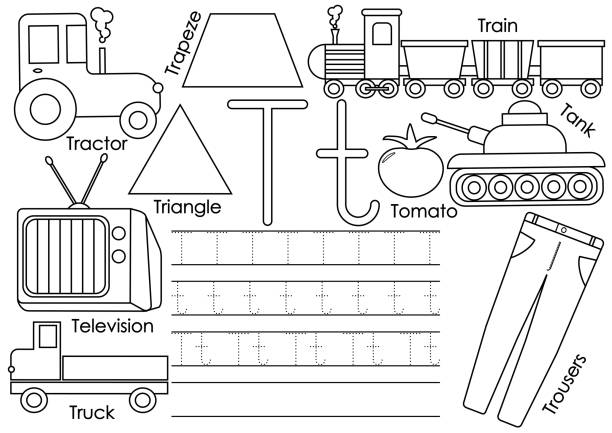 buchstabe t. bildung für kinder. lernen englisches alphabet mit dem schreiben von praxis. malbuch. vektor-illustration. - connect the dots englische redewendung stock-grafiken, -clipart, -cartoons und -symbole