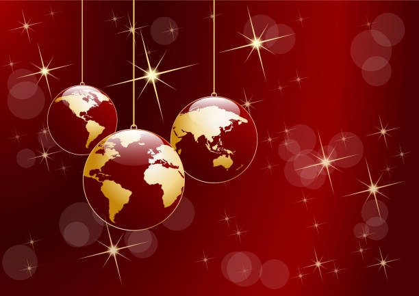 istock Christmas tree, vector postcard in red. Balls in the shape of planet earth, background 1062824662