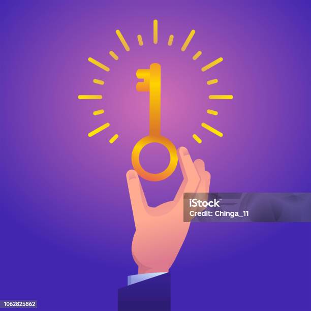 Key Hand Abstract Hand Holds Glowing Golden Key On Abstract Background Stock Illustration ...