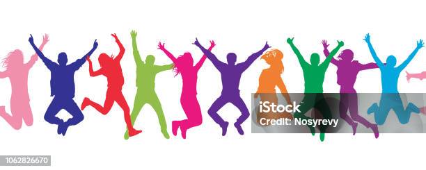 Seamless Pattern Cheerful Crowd Jumping People Colorful Stock Illustration - Download Image Now