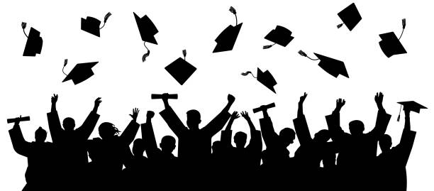 Graduated at university, college. Crowd of graduates in mantles, throws up the square academic caps. Cheerful people silhouette vector Graduated at university, college. Crowd of graduates in mantles, throws up the square academic caps. Cheerful people silhouette vector graduation stock illustrations