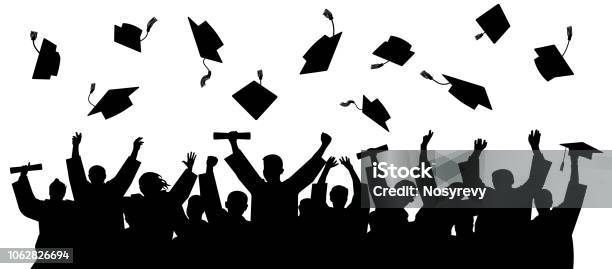 Graduated At University College Crowd Of Graduates In Mantles Throws Up The Square Academic Caps Cheerful People Silhouette Vector Stock Illustration - Download Image Now