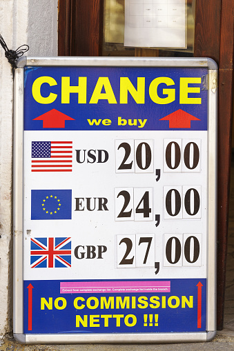Currency ratios and flags signs on information board